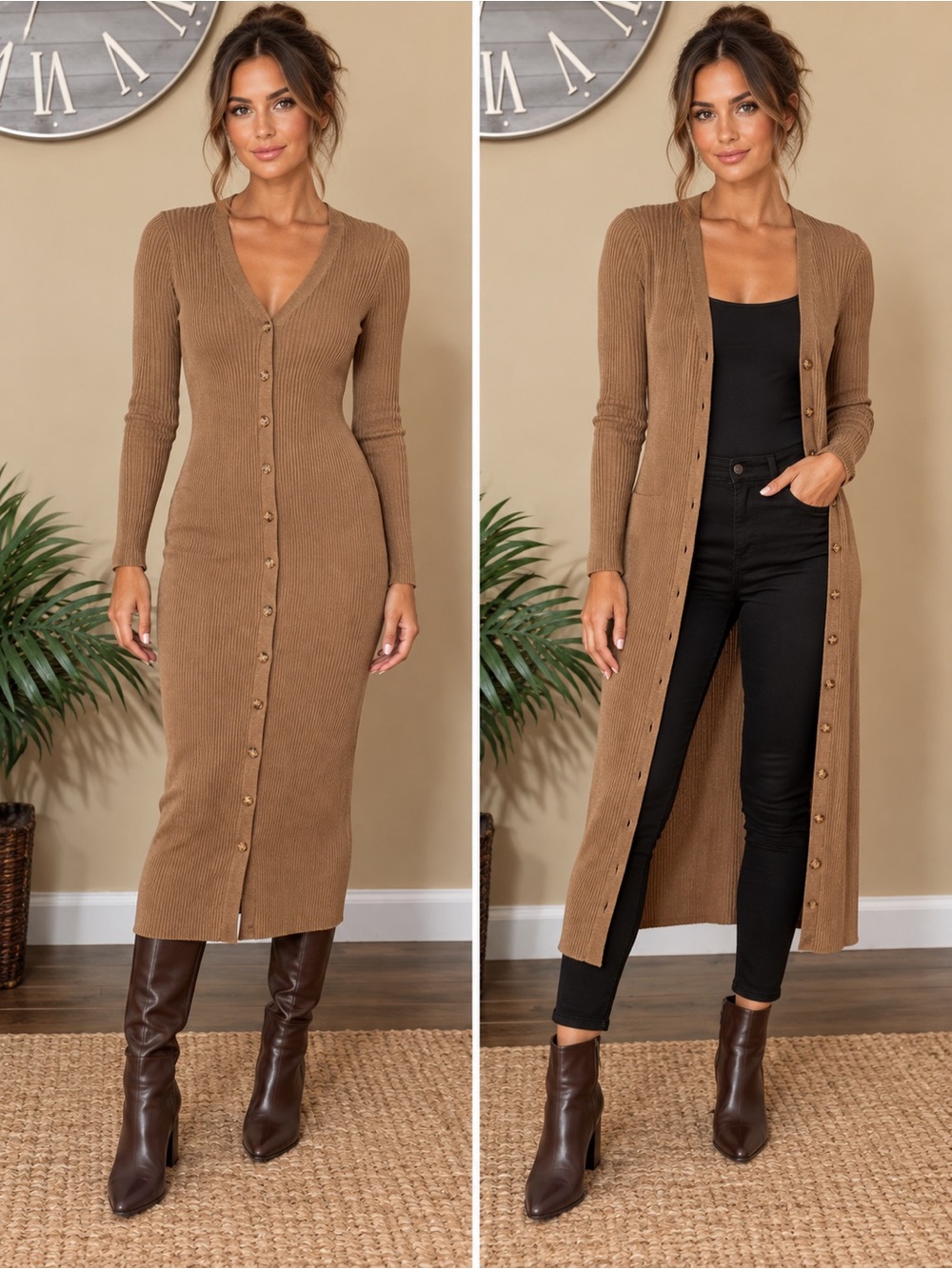 NWT Harper Rose Long Ribbed Button-Front Maxi Dress/ Long Cardigan in Camel